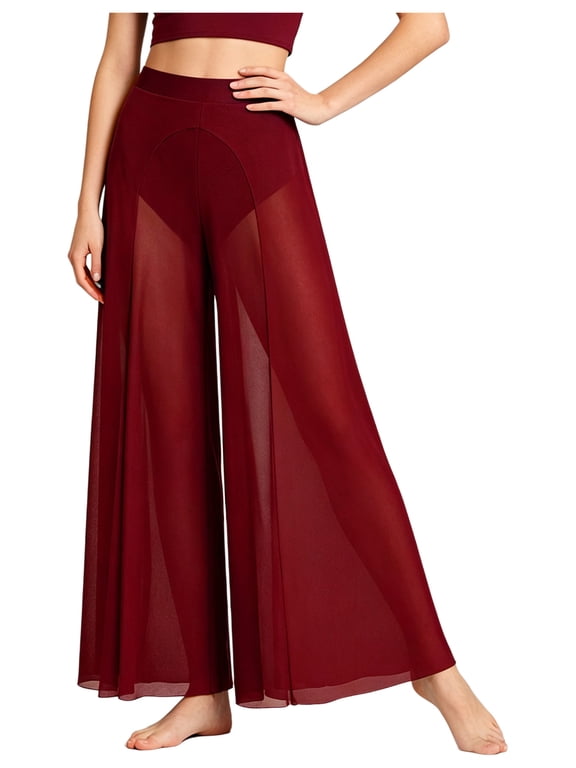Women Dance Pants Elegant Classical Modern Contemporary Lyrical Dance Practice Wide Leg Mesh Pants Ballet Performance Trousers Burgundy XS