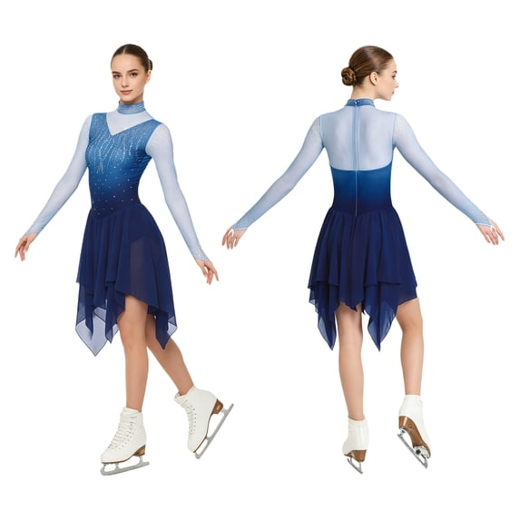 SiiRoh Women Figure Skating Dress Long Sleeve Gradient Color Dance Competition Party Shiny Rhinestones Dress Blue XL