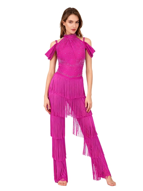 Women Halter Fringed Jumpsuit for Dance Competition Ballroom Samba Tango Cha-cha Latin Dress Hot Pink S