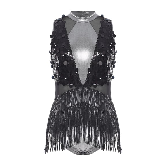 SiiRoh Women Latin Jazz Dance Leotard Mock Neck Sleeveless Shiny Sequin Fringe Dancing Bodysuit Dress Black L