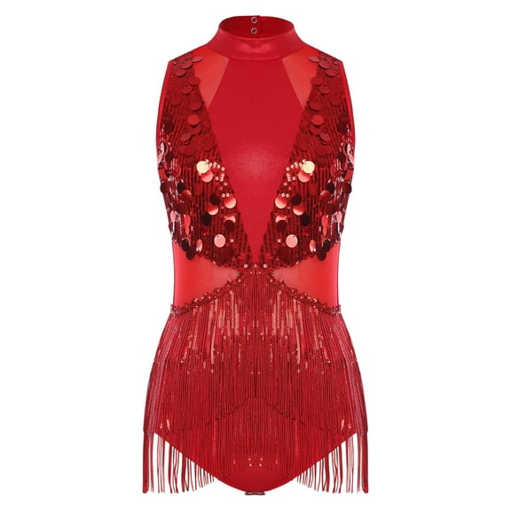 SiiRoh Women Latin Jazz Dance Leotard Mock Neck Sleeveless Shiny Sequin Fringe Dancing Bodysuit Dress Red L