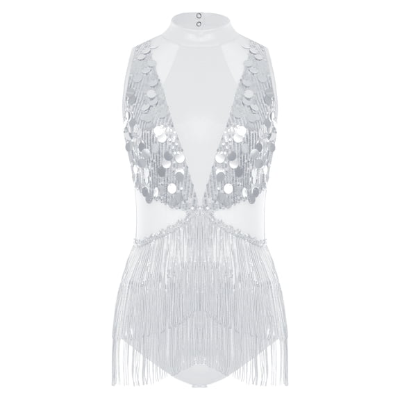 SiiRoh Women Latin Jazz Dance Leotard Mock Neck Sleeveless Shiny Sequin Fringe Dancing Bodysuit Dress Silver XL