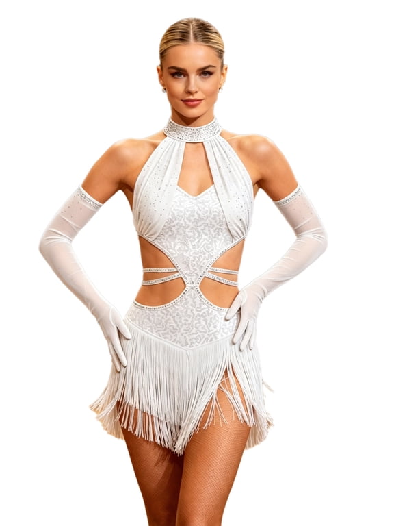 Women Latin Salsa Rumba Dance Outfit Sleeveless Sequined Fringe Dress with Long Gloves Elegant Female Gymnastics Dance Dress White M