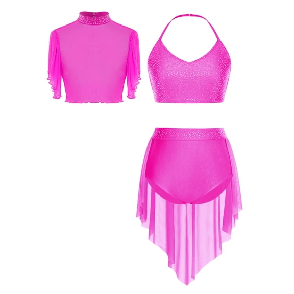SiiRoh Women Lyrical Ballet Dance Outfits Halter Crop Tops Mesh Cover Up with Skirt Leotard Set Hot Pink XL
