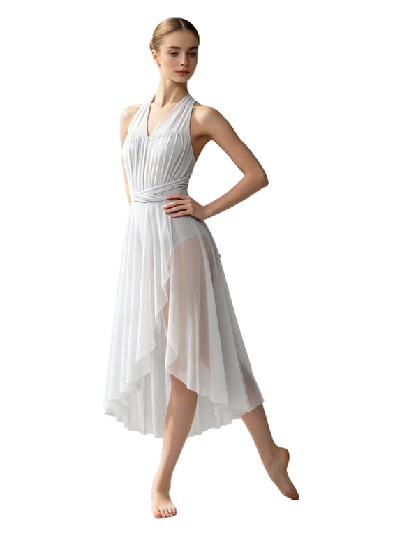 Women Lyrical Dance Dress Halter Backless Irregular Mesh Hem Split Flowy Bodysuit Dress for Ballet Gymnastics Skating Dancewea White M