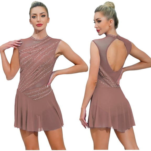 SiiRoh Women Lyrical Dance Dress Rhinestone Figure Skating Dresses Sleeveless Ballet Dancewear Coffee M