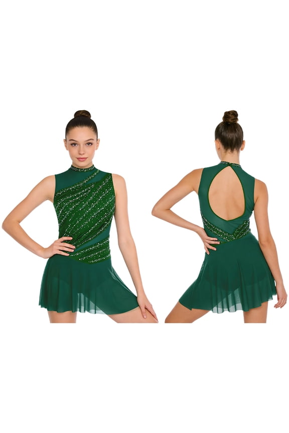 Women Lyrical Dance Dress Rhinestone Figure Skating Dresses Sleeveless Ballet Dancewear Dark Green S