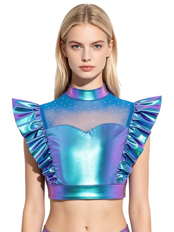 Women Metallic Tank Tops Mock Neck Mesh Patchwork Rhinestone Adorned Sleeveless Shiny Ruffle Crop Top for Jazz Disco Dance Party Blue S