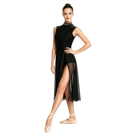 SiiRoh Women Modern Lyrical Dance Figure Skating Gymnastics Ballet Acrobatics Leotard Dress Sleeveless Split Sheer Mesh Hem Dresses Black S