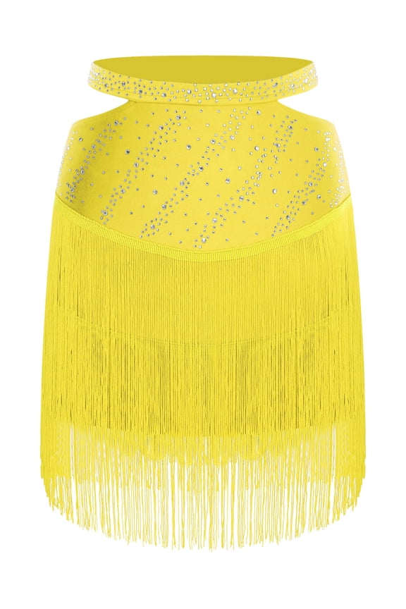 Women Rhinestone Latin Dance Skirt Elastic Waist Tassel Mini Skirt Tango Salsa Ballroom Dancing Yellow XXL