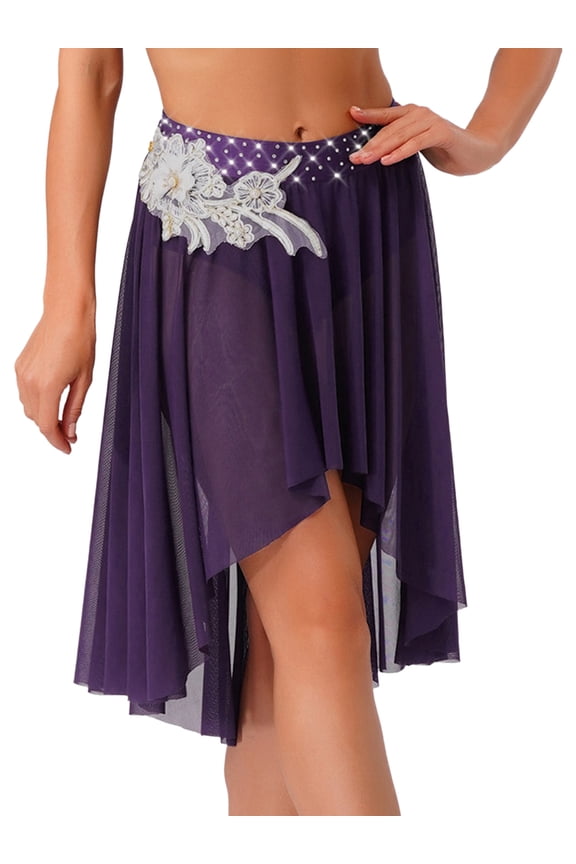 Women Rhinestone Lyrical Ballet Dance Skirt High Low Dance Practice Skirt Ballroom Dancewear Purple S