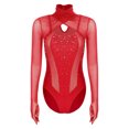 thumbnail image 1 of SiiRoh Women Rhythmic Gymnastic Dance Leotard Long Sleeve Mesh Cutout Figure Skating Bodysuits Tops Red XL, 1 of 7