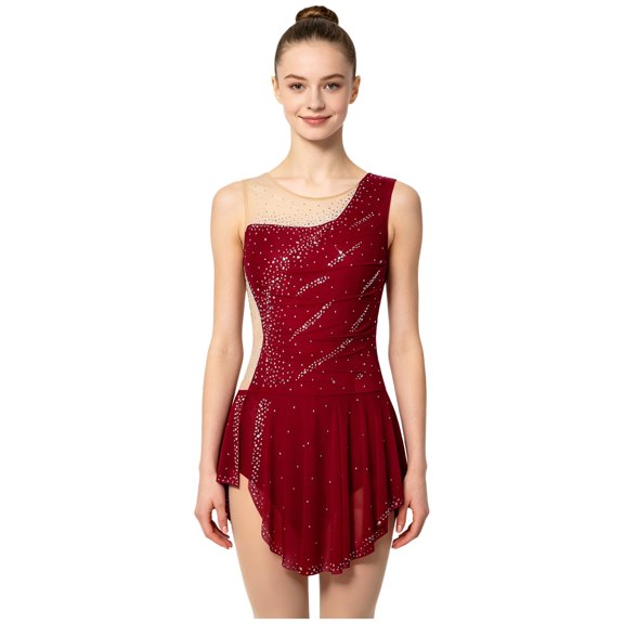 SiiRoh Women Rhythmic Gymnastics Leotard Dress Sleeveless Rhinestones Mesh Figure Skating Ballet Dance Acrobatics Dresses Dancewear Burgundy XS
