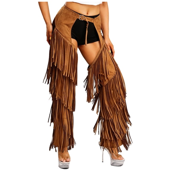 SiiRoh Women Western Cowgirl Cosplay Chaps Pants Stylish Fringe Design Trousers Motorcycle Pants Dark Brown S