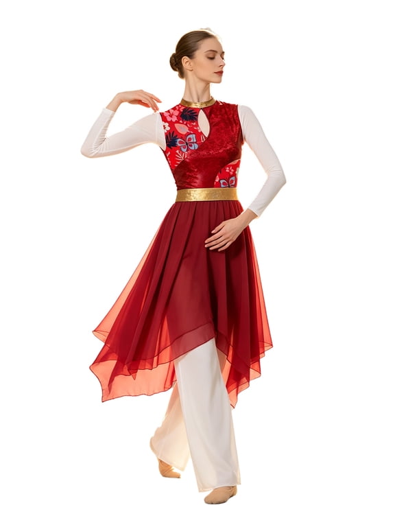 Women Worship Praise Dance Dress Printed Metallic Splice Bodice Sleeveles Irregular Hem Tunic Dress for Ballet Dance Performance Red S
