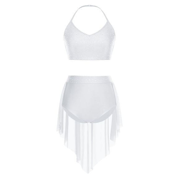 SiiRoh Women's 2 Piece Lyrical Dance Outfits Halter Sleeveless Crop Top with Irregular Skirt Briefs White S