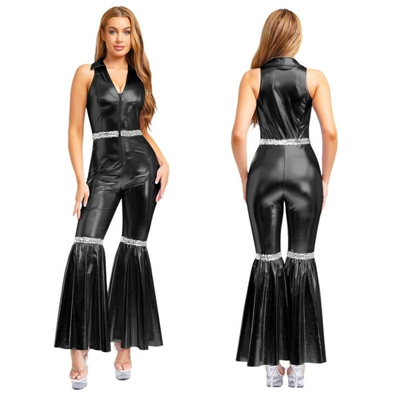 SiiRoh Women's 70s Disco Jumpsuit Metallic Shiny Lapel V Neck Flared Pants Romper for Party Dance Black L