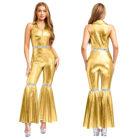 SiiRoh Women's 70s Disco Jumpsuit Metallic Shiny Lapel V Neck Flared Pants Romper for Party Dance Gold XXL