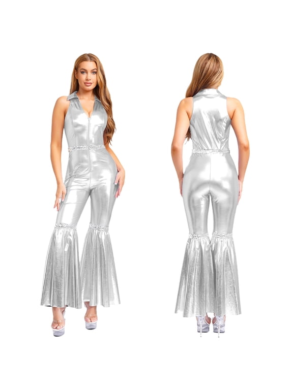 Women's 70s Disco Jumpsuit Metallic Shiny Lapel V Neck Flared Pants Romper for Party Dance Silver S