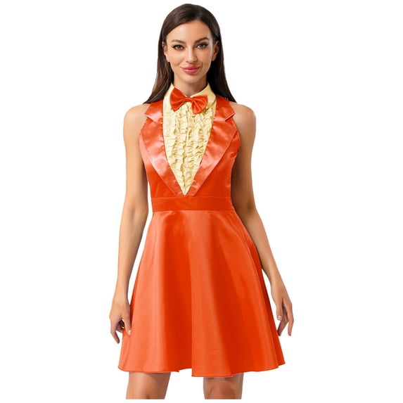 SiiRoh Women's 80s 90s Movie Dress Sleeveless Bowtie Lapel Party Princess Dresses Orange 3XL