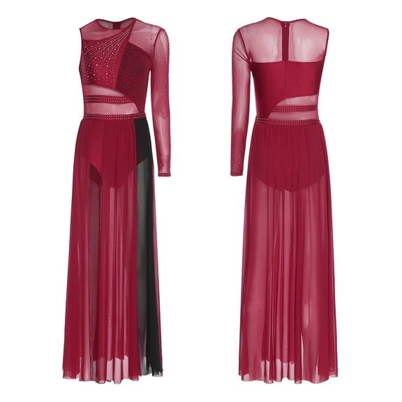 SiiRoh Women's Color Block Lyrical Dance Dress Side Split Maxi Dress Modern Contemporary Dancewear Burgundy&Black M