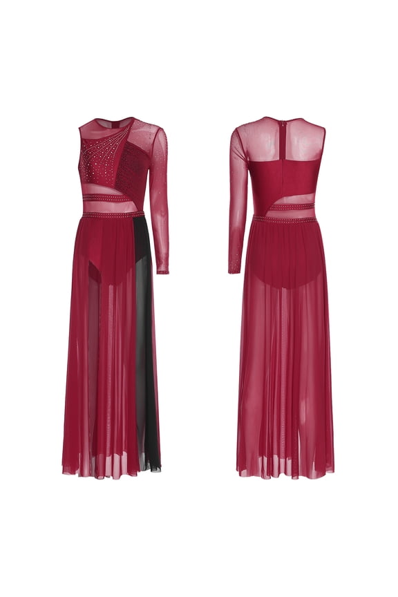 Women's Color Block Lyrical Dance Dress Side Split Maxi Dress Modern Contemporary Dancewear Burgundy&Black S