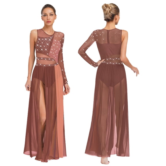 SiiRoh Women's Color Block Lyrical Dance Dress Side Split Maxi Dress Modern Contemporary Dancewear Dusty Pink&Orange XL