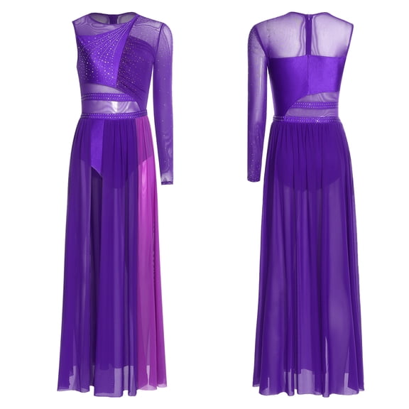 SiiRoh Women's Color Block Lyrical Dance Dress Side Split Maxi Dress Modern Contemporary Dancewear Purple L