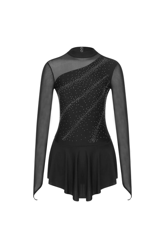 Women's Figure Ice Skating Dress Sparkly Rhinestones Long Sleeve Ballet Lyrical Dance Leotard Black M