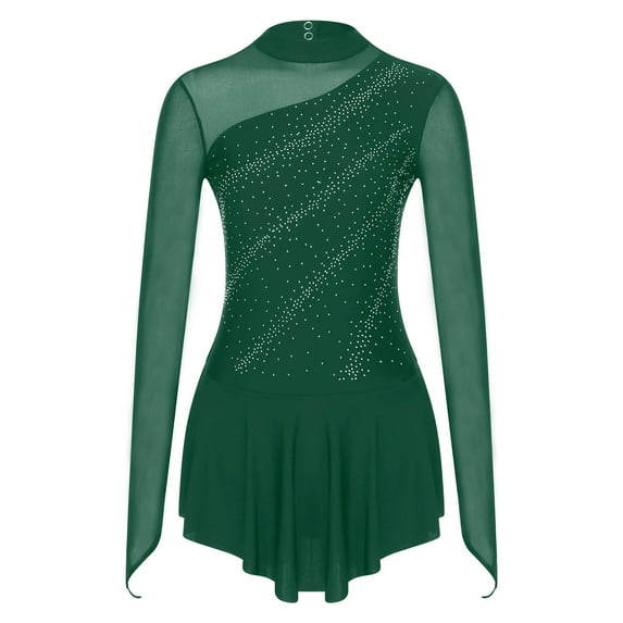 SiiRoh Women's Figure Ice Skating Dress Sparkly Rhinestones Long Sleeve Ballet Lyrical Dance Leotard Green L