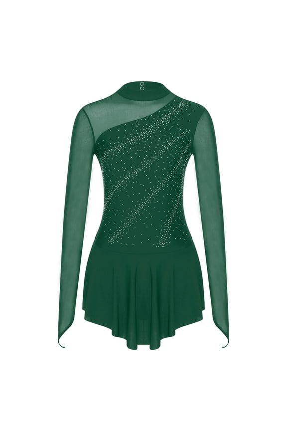 Women's Figure Ice Skating Dress Sparkly Rhinestones Long Sleeve Ballet Lyrical Dance Leotard Green S