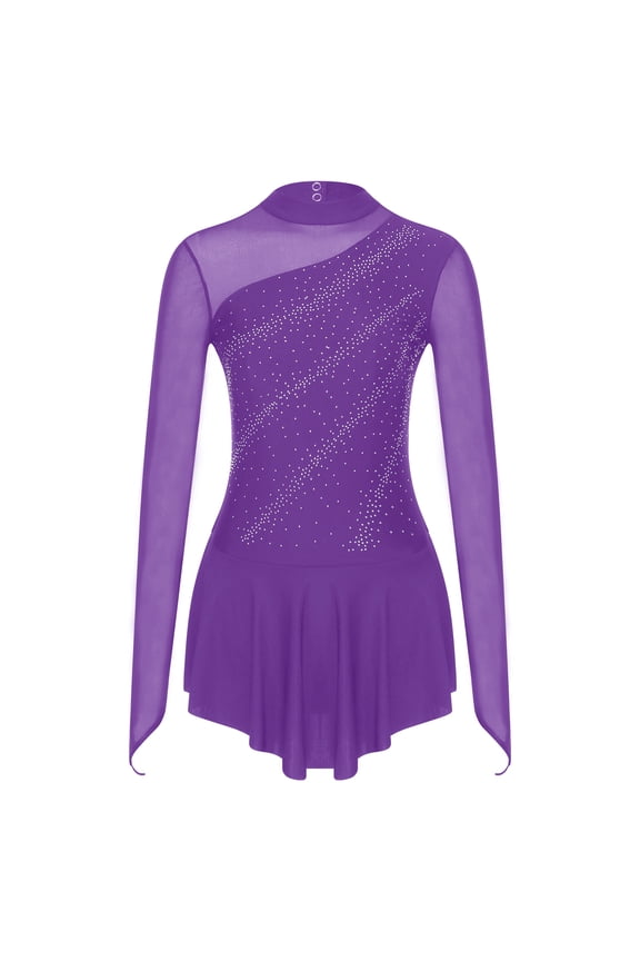 Women's Figure Ice Skating Dress Sparkly Rhinestones Long Sleeve Ballet Lyrical Dance Leotard Purple S
