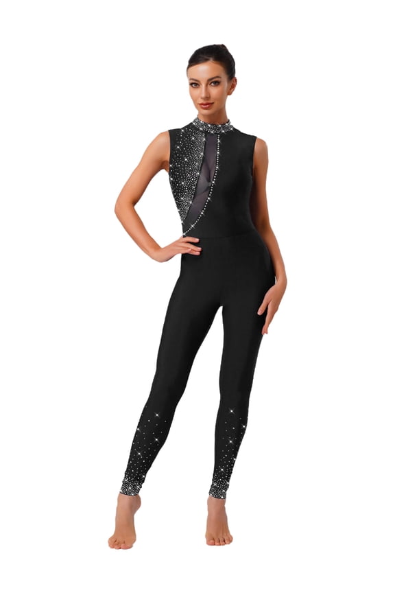 Women's Glittery Gymnastics Leotards One Piece Full Body Dance Bodysuit Figure Skating Jumpsuit Black M
