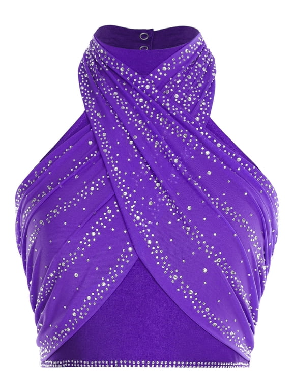 Women's Glittery Rhinestone Ballroom Latin Dance Tops Sleeveless Backless Crop Tank Top Purple S