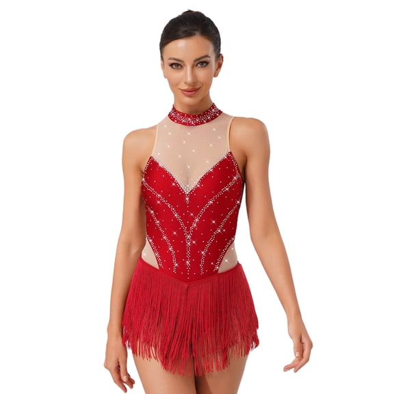 SiiRoh Women's Glittery Rhinestone Latin Dance Leotard Fringe Samba Rumba Ballroom Dancing Dress Burgundy XXL