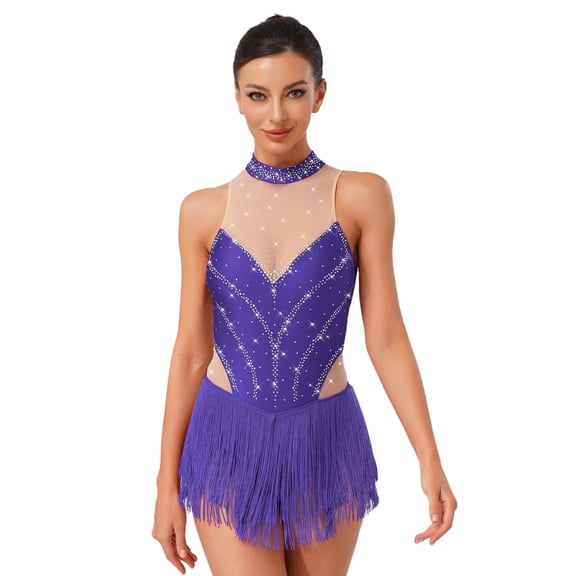SiiRoh Women's Glittery Rhinestone Latin Dance Leotard Fringe Samba Rumba Ballroom Dancing Dress Purple XXL