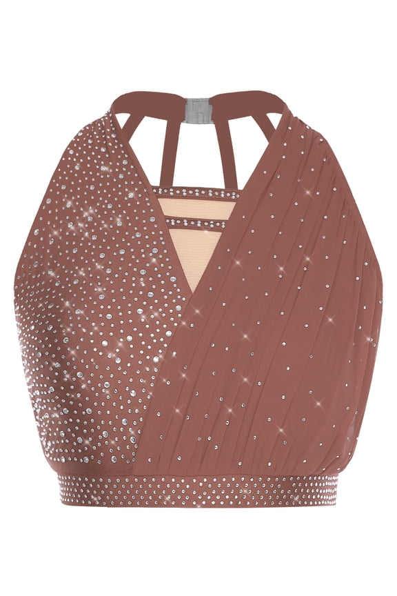 Women's Glittery Rhinestone Lyrical Ballet Dance Crop Tops Halter Neck Sleeveless Tank Top Dusty Pink M