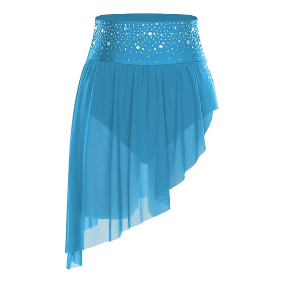 SiiRoh Women's Glittery Rhinestone Lyrical Ballet Dance Skirt Irregular Flowy Figure Skating Skirts Light Blue S
