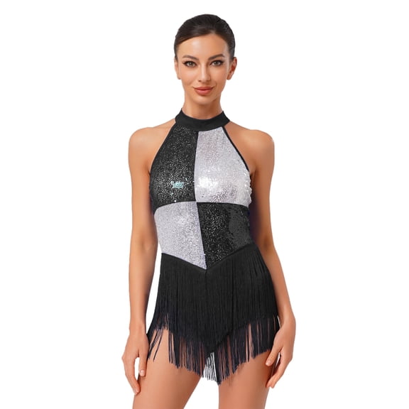 SiiRoh Women's Glittery Sequin Fringe Bodysuit Samba Rumba Latin Jazz Dance Leotard Dancewear Black M