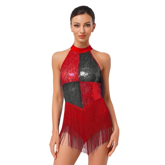 SiiRoh Women's Glittery Sequin Fringe Bodysuit Samba Rumba Latin Jazz Dance Leotard Dancewear Red S