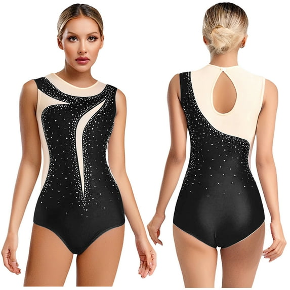 SiiRoh Women's Gymnastics Leotard One Piece Sleeveless Rhinestones Bodysuit for Ballet Dance Skating Black S