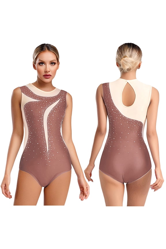 Women's Gymnastics Leotard One Piece Sleeveless Rhinestones Bodysuit for Ballet Dance Skating Dusty Pink S