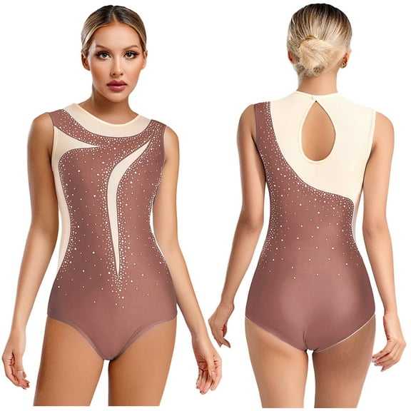 SiiRoh Women's Gymnastics Leotard One Piece Sleeveless Rhinestones Bodysuit for Ballet Dance Skating Dusty Pink XL