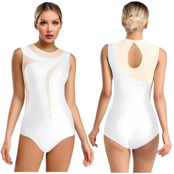 SiiRoh Women's Gymnastics Leotard One Piece Sleeveless Rhinestones Bodysuit for Ballet Dance Skating White L