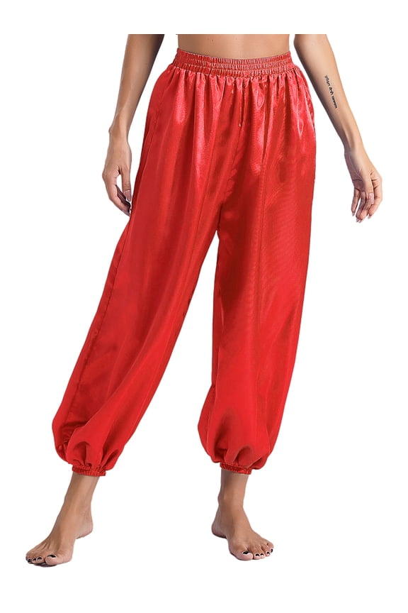 Women's Indian Belly Dance Satin Harem Pants Loose Solid Color Hippie Trousers Pantalons Red M