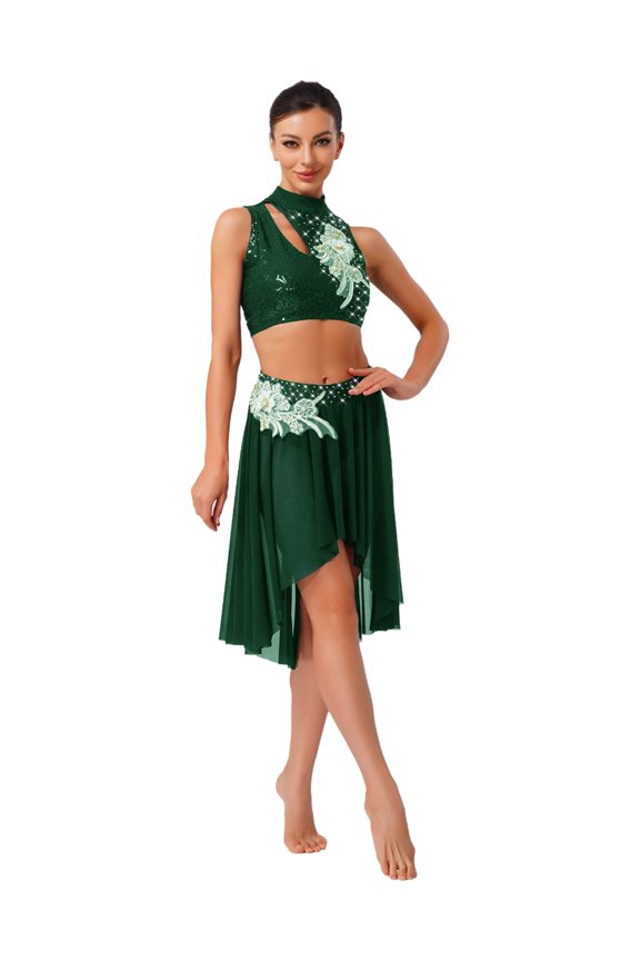 Women's Lyrical Contemporary Dance Suit Sleeveless Crop Tops with Flowy Skirt 2Pcs Set Dark Green S