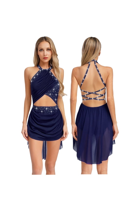 Women's Lyrical Dance Dress Glittery Cutout Strappy Backless Halter Skirted Leotard Dancewear Navy Blue M