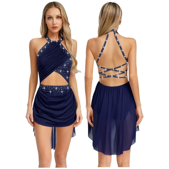 SiiRoh Women's Lyrical Dance Dress Glittery Cutout Strappy Backless Halter Skirted Leotard Dancewear Navy Blue S