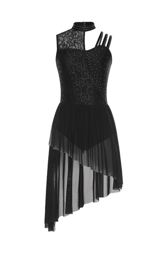Women's Lyrical Dance Dress Sleeveless Asymmetrical Flowy Tulle Skirt Leotard Dancing Party Black XL