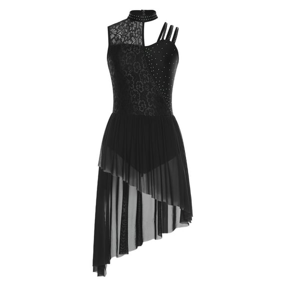 SiiRoh Women's Lyrical Dance Dress Sleeveless Asymmetrical Flowy Tulle Skirt Leotard Dancing Party Black XL